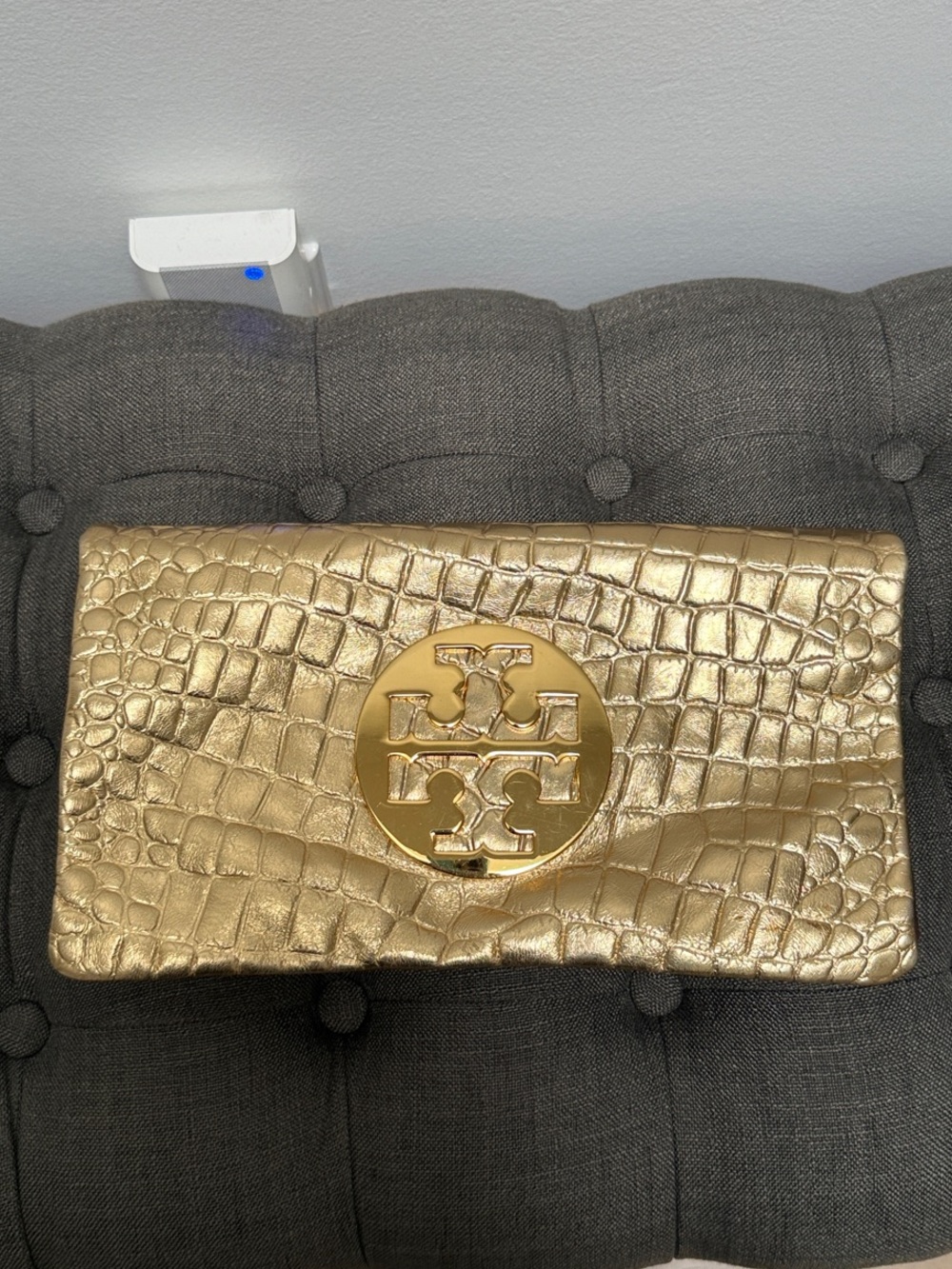 Tory Burch Gold Croc-Embossed Logo Clutch with straps